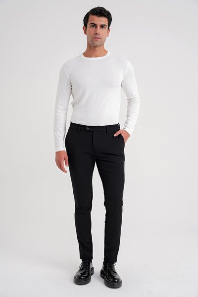 Efor Comfort Fit Beli Lastikli Esnek Pamuk Siyah-1 Pantolon P 1173