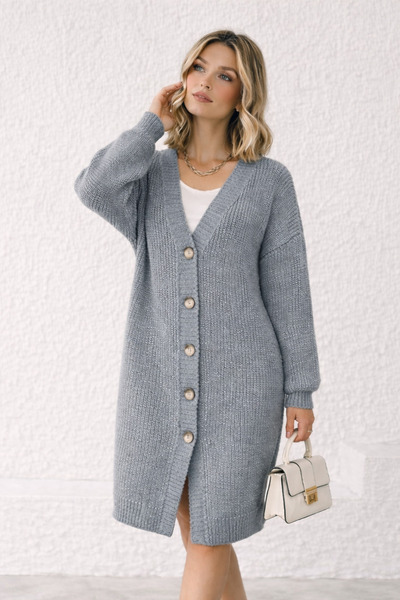 cheen Kadın Gri Selanik Örgü Oversize Uzun Hırka