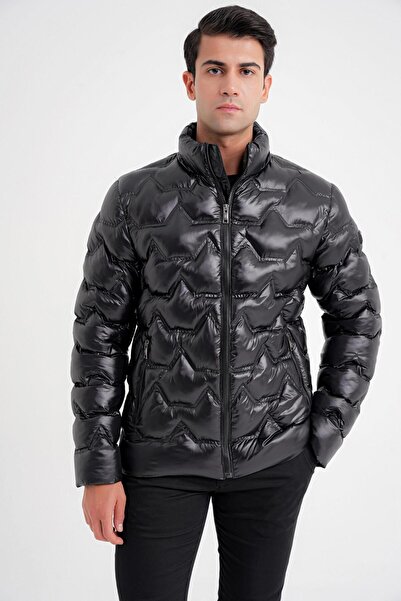 Efor Slim Fit Hakim Yaka Yan Cepli Kaz Tüyü Siyah Şişme Mont MT 175