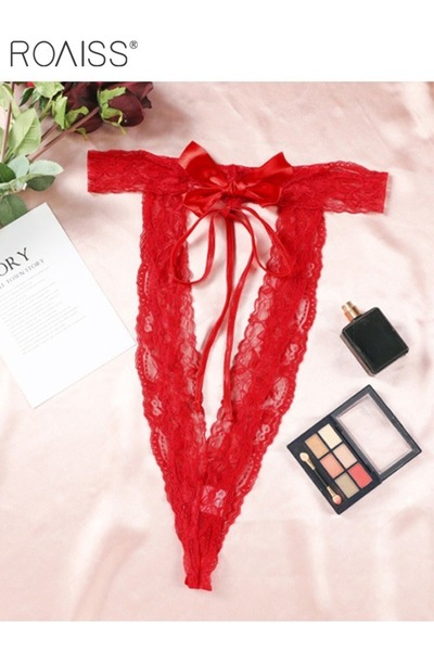ROAISS بيجامات نوم نسائية من الدانتيل الأحمر عالي المرونة، مزينة بفيونكة على ...