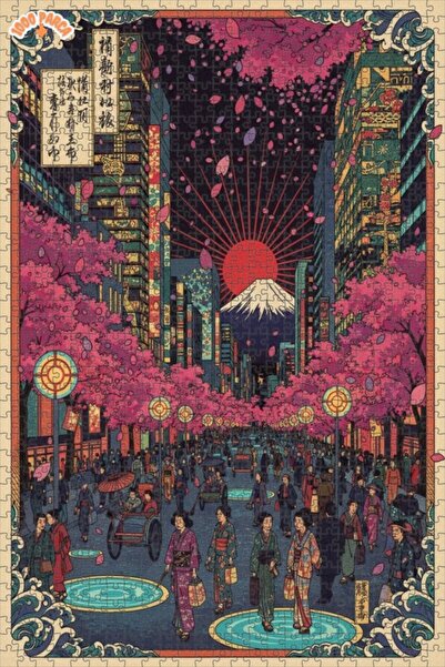 Teona Ahşap Japonya Sokakları Çiçek Açmış Haliyle Çift Katlı Çerçeveli Ahşap ...