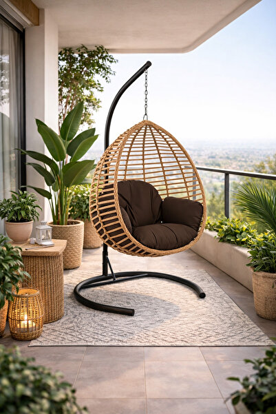 Alezy Fındık Tek Kişilik Minderli Rattan Bahçe-Balkon Asma Salıncak