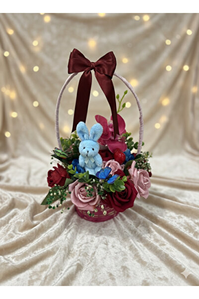 Kamira Dekoratif Çiçek Sepeti – Peluş Tavşanlı, Yapay Gül Aranjmanı | Özel Gü...