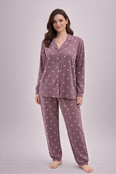 SCM LINGERIE طقم بيجامة مريح بأكمام طويلة ونقشة مميزة مع أزرار أمامية