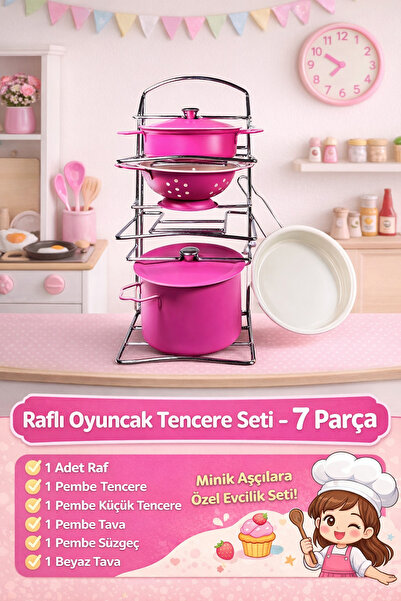 YILDIRIM OYUNCAK 7 Piece Pink Shelf Steel Cookware Pan Toy Cooking Play House...