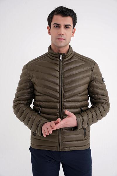 Efor Slim Fit Hakim Yaka Yan Cepli Kaz Tüyü Haki Şişme Mont MT 176