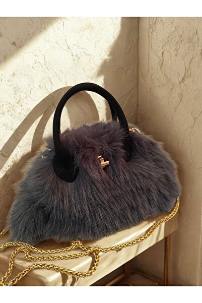 NO BRAND Peluş Kürk Mini El ve Kol Çantası GRİ