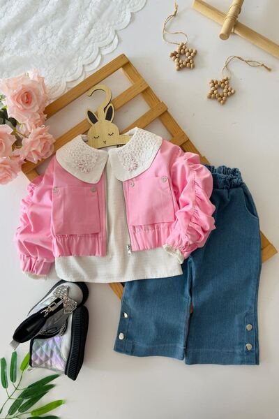 Minigimin Cicileri Set 3 piese pentru fetiță cu jachetă cu dantelă și guler -...