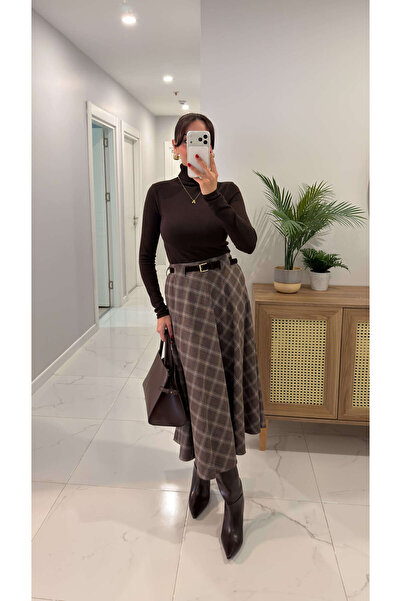 BİRCANÇİL Tunas Brown Plaid Skirt with Belt Detail