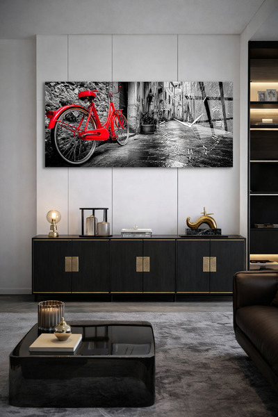 Olinpa KIRILMAZ CAM DUVAR SAATİ , HEM TABLO HEM SAAT VİNTAGE KIRMIZI BİSİKLET...