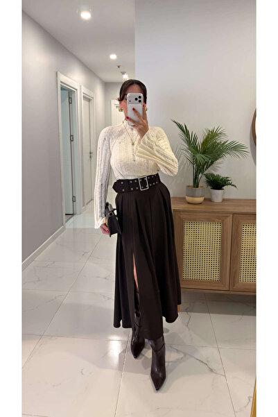 BİRCANÇİL Vargas Brown Slit Detailed Belted Skirt