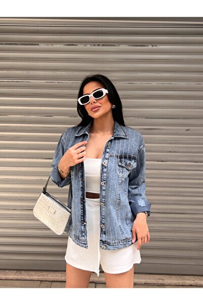 YVONNE Taşlı Yırtık Oversize Denim Ceket