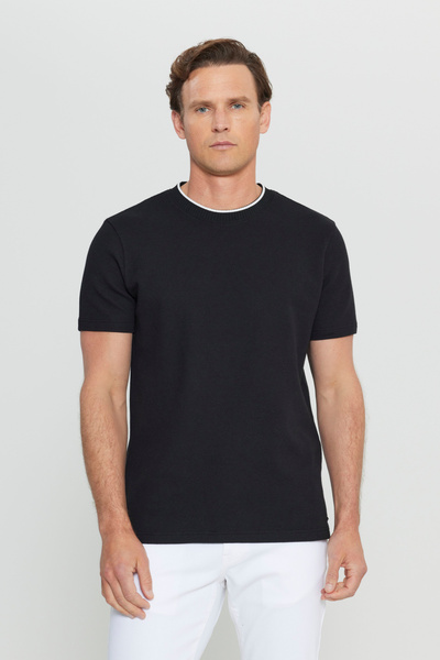 ALTINYILDIZ CLASSICS Men's Black Cotton Slim Fit Slim Fit Polo Neck Jacquard ...