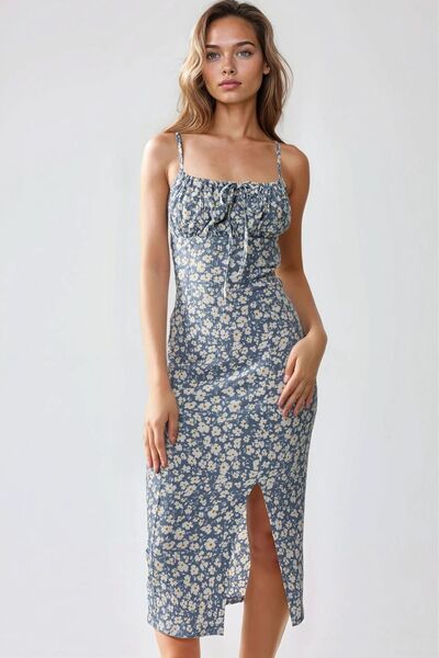 Hiccup Floral Print Bodycon Midi Dress with Slit Detail