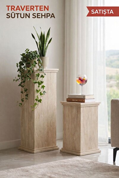onehediye Traverten Desen 2li Yan Sehpa Sütun Sehpa Dekor Sehpa Çok Amaçlı Sehpa