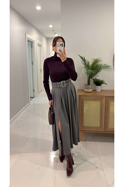 BİRCANÇİL Vargas Gray Slit Detailed Belted Skirt