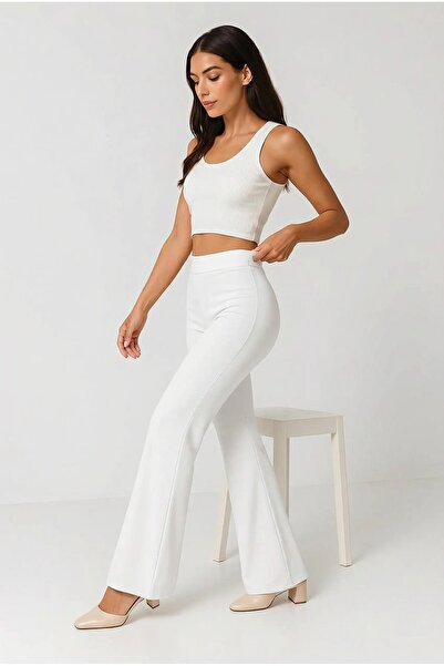 Zeromiss White Charleston Flare Flared Pants Steel Knitted t Shaping / Sculpt...