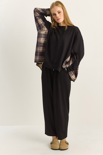 Bianco Lucci Γυναικείο καρό συνδυασμός υφασμάτων oversized άνετο παντελόνι με...