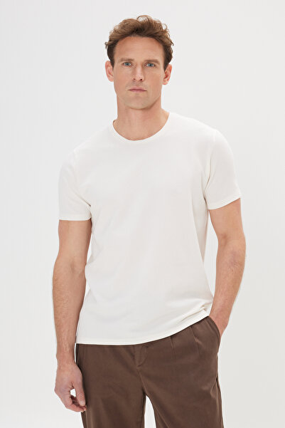 AC&Co / Altınyıldız Classics Ανδρικό μπλουζάκι Ecru εφαρμοστό με λαιμόκοψη με...