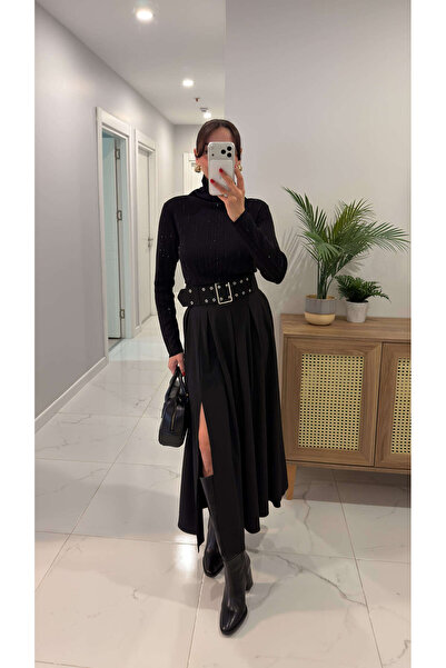 BİRCANÇİL Vargas Black Slit Detailed Belted Skirt