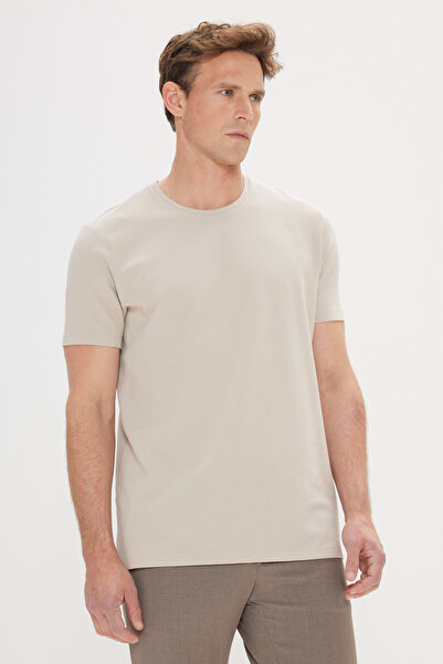 AC&Co / Altınyıldız Classics Ανδρικό μπλουζάκι μπεζ εφαρμοστό με λαιμόκοψη με...