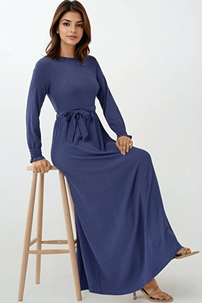 Hiccup Textured Crew Neck Belted Modest Dress