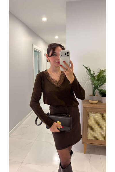 BİRCANÇİL Petira Kahve Tricotaj cu dantelă