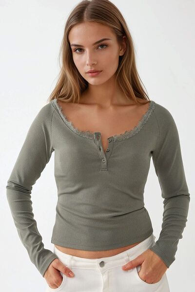 Hiccup Long Sleeve Slim Fit Top with Lace Stripe Detail