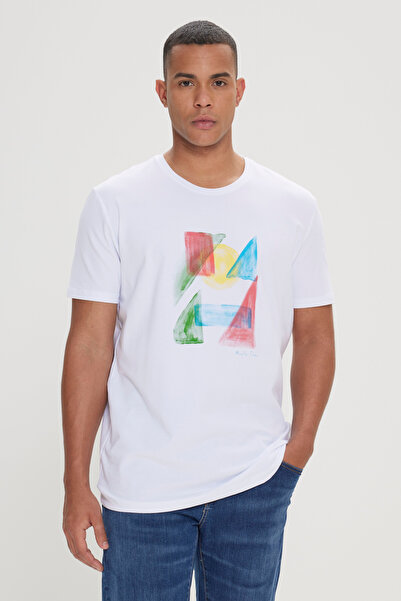 ALTINYILDIZ CLASSICS Men's White Slim Fit Slim Fit Cotton Printed Crew Neck T...