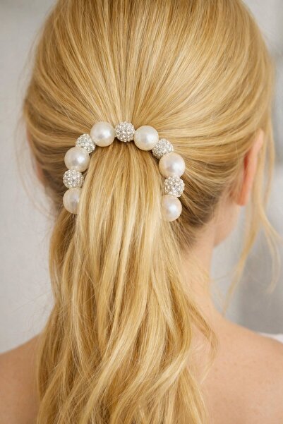 TAKIŞTIR Beli biserni perle i T Sa kamenim detaljima gumena kopča