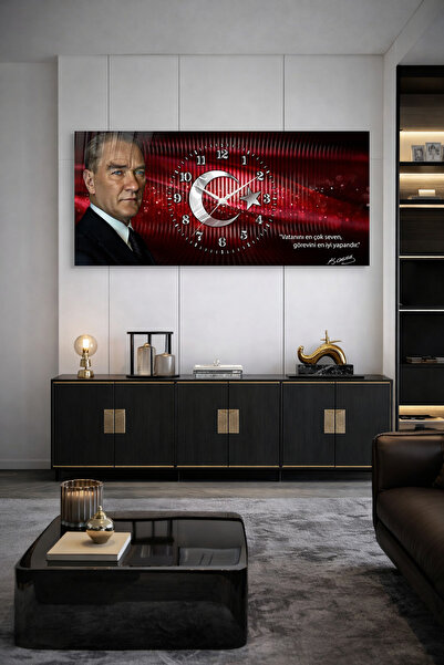 Olinpa KIRILMAZ CAM DUVAR SAATİ , HEM TABLO HEM SAAT TÜRK BAYRAKLI ATATÜRK CA...
