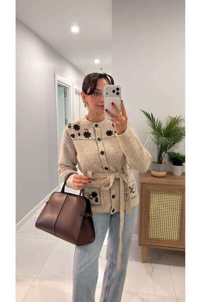 BİRCANÇİL Cardigan cu curea, detaliat cu broderie, bej Berra
