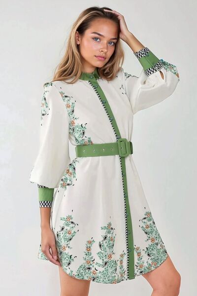 Hiccup Round neck printed mini dress with belt