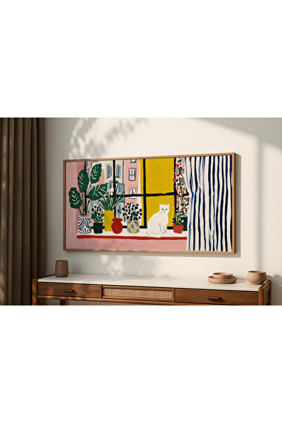 woodhomeworks Tek Parça Gerçek Ahşap Yatay Panorama Çerçeveli Tablo kedi ve e...