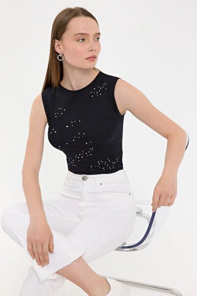 Hiccup Top fără mâneci din bumbac cu guler rotund și strasuri