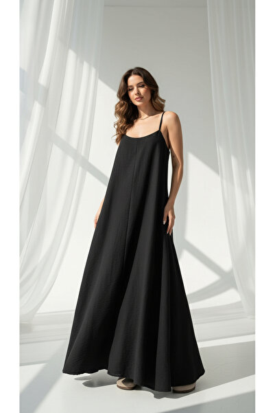 Zafirae فستان نسائي طويل من قماش ايروبين بحزام قابل للتعديل باللون الأسود