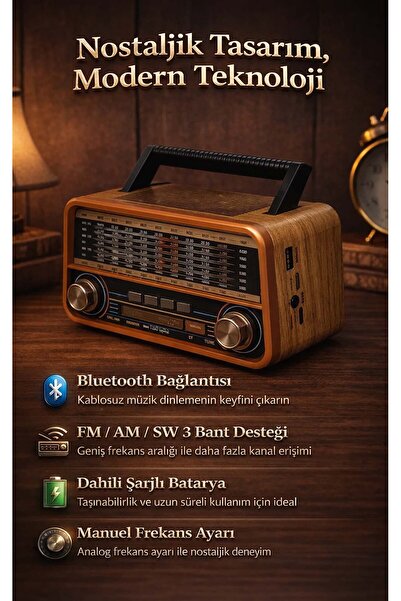 3 Bantlı Şarj edilebilir Nostaljik Radyo - Bluetoothlu ve USB Çalarlı Taşınabilir Hoparlör