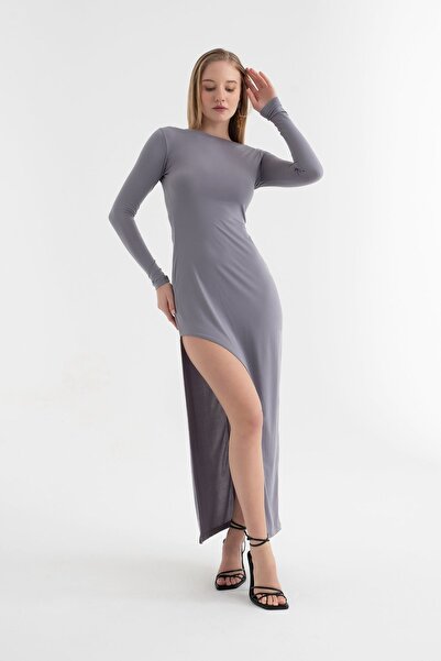 Hiccup Long-sleeved midi dress with a slit and round neckline