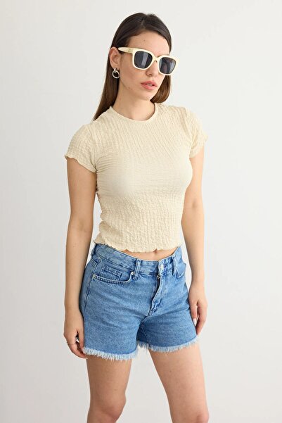 Hiccup Dokuma Bisiklet Yaka Kısa Kollu Crop Top