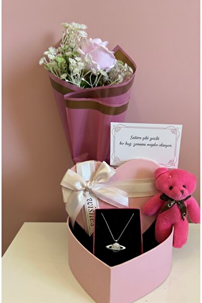 elovya Sevgiliye Özel Satürn Temalı Hediye Seti - Kalp Kutulu, Güllü ve Ayıcıklı