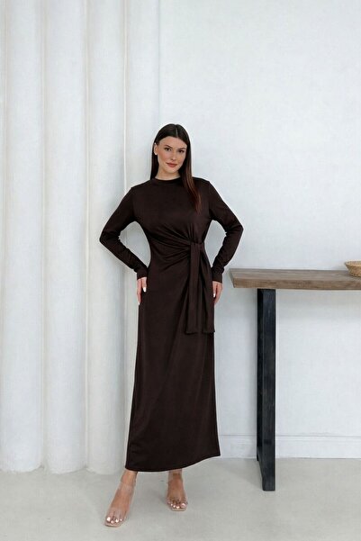 The Robi Women's Brown Modal Fabric Long Dress with Side Tie Detail