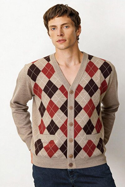 Desen Triko Men's V-Neck Argyle Patterned Wool Cardigan Dark Beige