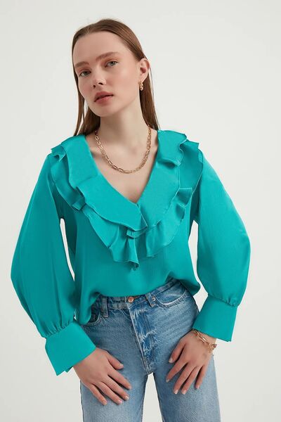 Hiccup Bluză retro din satin cu decolteu în V și volane