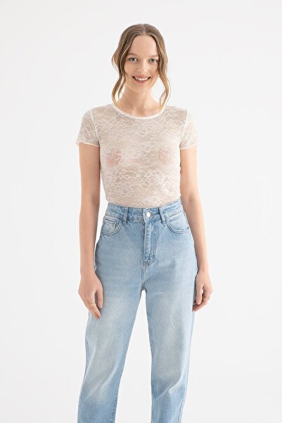 Hiccup Mesh top with round neckline and floral embroidery