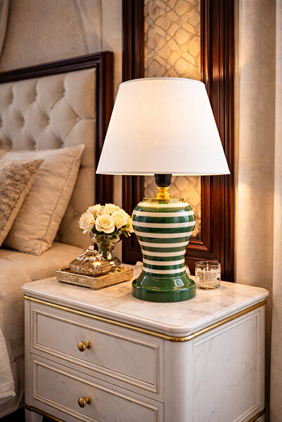 ferayhome Abajur Aydınlatma Şah Yeşil Klasik Zebra Beyaz Şapka Gold - Feray Home