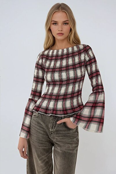 Hiccup Top în carouri cu decolteu tip barcă și încrețituri