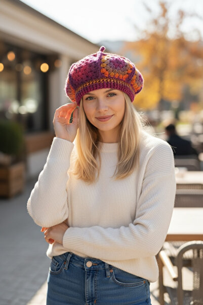 Satürn Hobi Bohemian Painter Beret with Knitted Motif, Hat