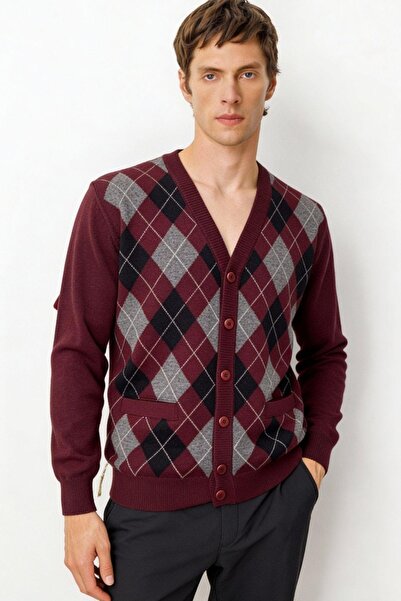 Desen Triko Men's V-Neck Argyle Patterned Wool Cardigan Burgundy