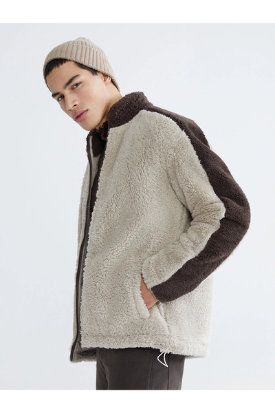 LC Waikiki Xside Beige Mock Neck Plush Men's Zippered Sweatshirt