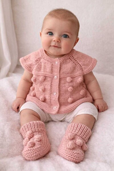 Meralin Elinden Elörgüsü 3-6 Months Old Powder-Colored Baby Cardigan and Booties